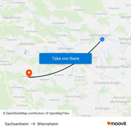 Sachsenheim to Wiernsheim map
