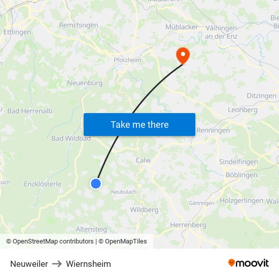 Neuweiler to Wiernsheim map