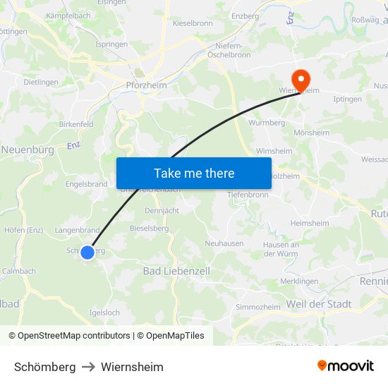 Schömberg to Wiernsheim map
