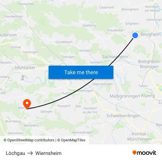 Löchgau to Wiernsheim map