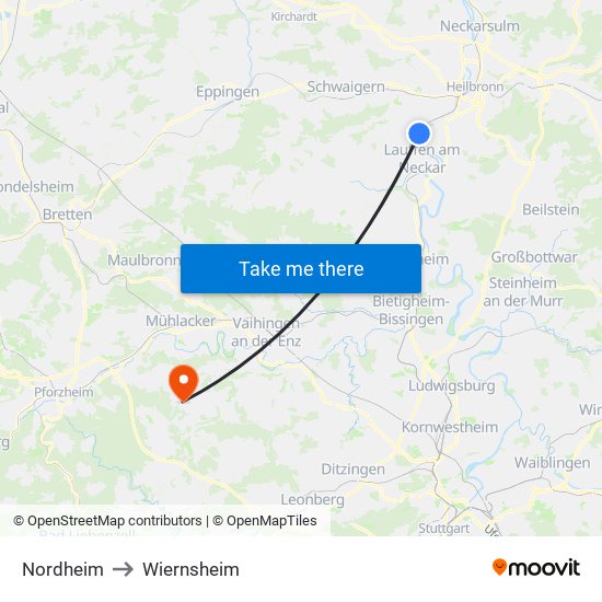 Nordheim to Wiernsheim map