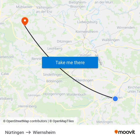 Nürtingen to Wiernsheim map
