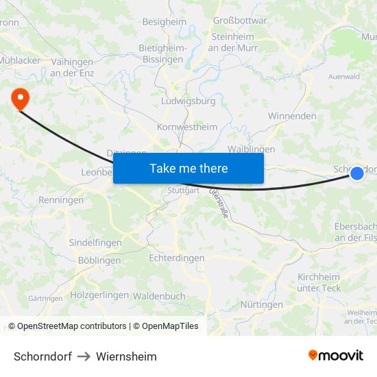 Schorndorf to Wiernsheim map