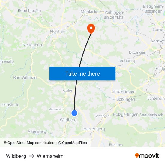 Wildberg to Wiernsheim map