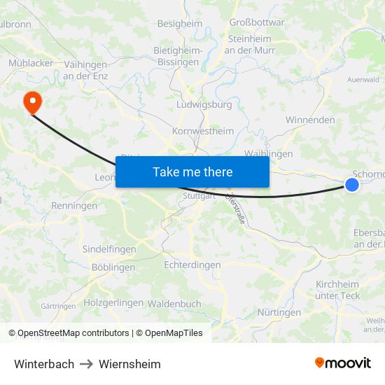 Winterbach to Wiernsheim map