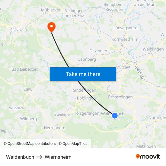 Waldenbuch to Wiernsheim map