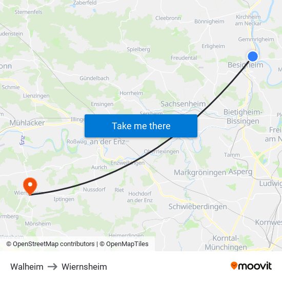 Walheim to Wiernsheim map