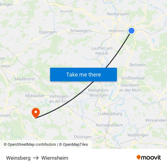 Weinsberg to Wiernsheim map