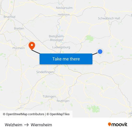 Welzheim to Wiernsheim map