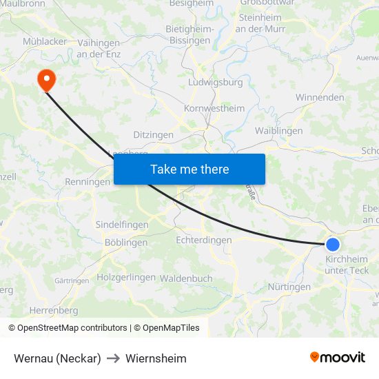 Wernau (Neckar) to Wiernsheim map