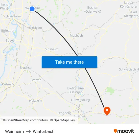 Weinheim to Winterbach map