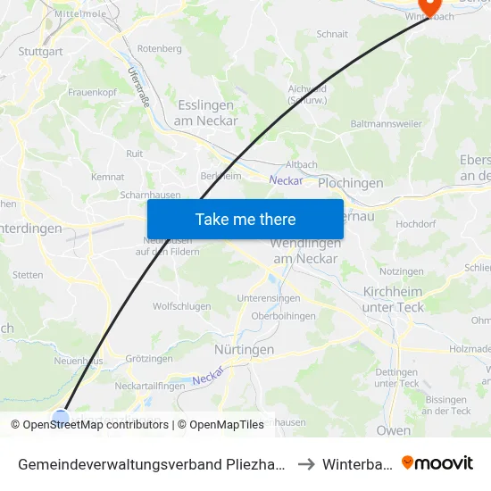 Gemeindeverwaltungsverband Pliezhausen to Winterbach map