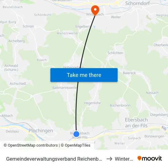 Gemeindeverwaltungsverband Reichenbach An Der Fils to Winterbach map