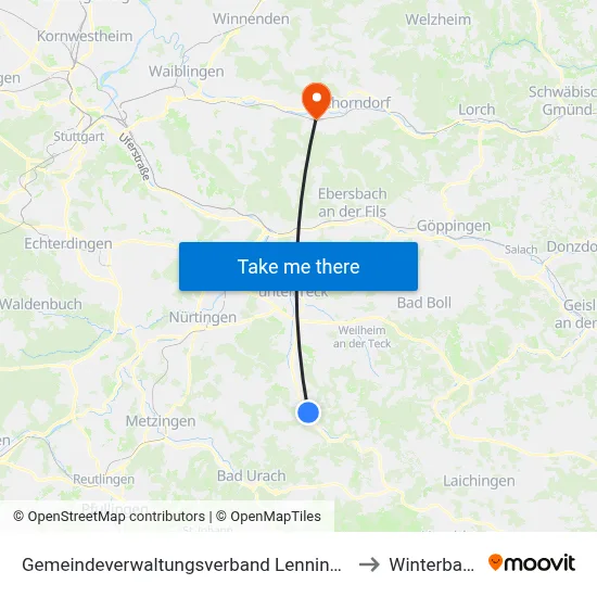 Gemeindeverwaltungsverband Lenningen to Winterbach map