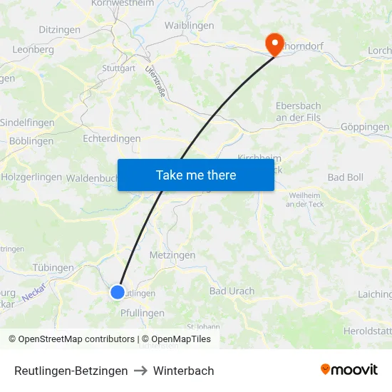Reutlingen-Betzingen to Winterbach map