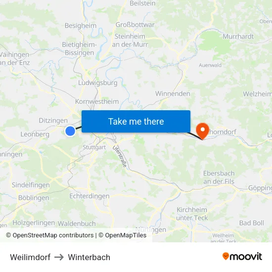 Weilimdorf to Winterbach map