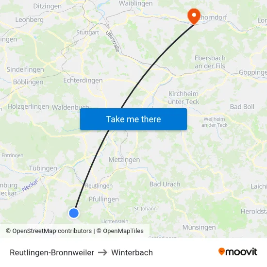 Reutlingen-Bronnweiler to Winterbach map