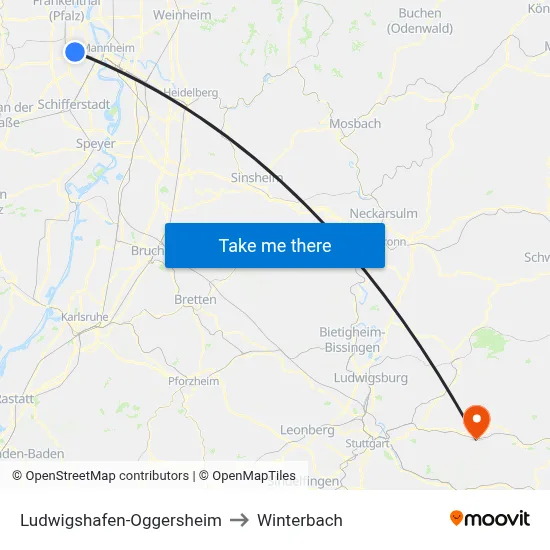 Ludwigshafen-Oggersheim to Winterbach map