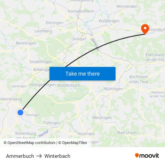 Ammerbuch to Winterbach map