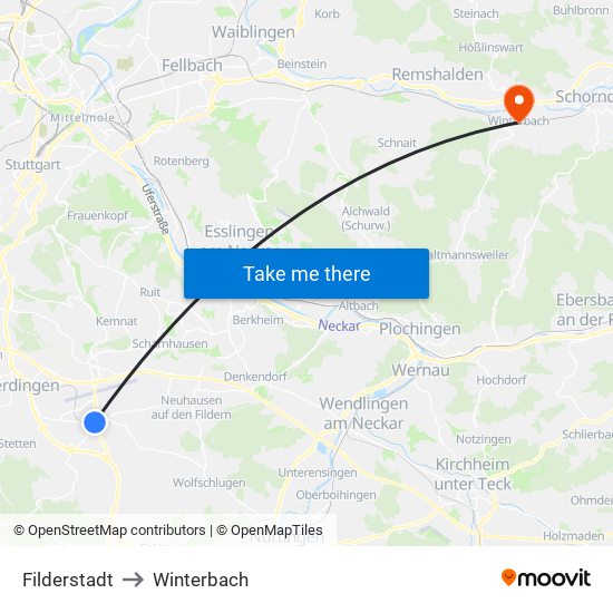 Filderstadt to Winterbach map