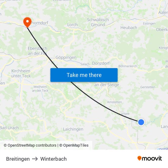 Breitingen to Winterbach map