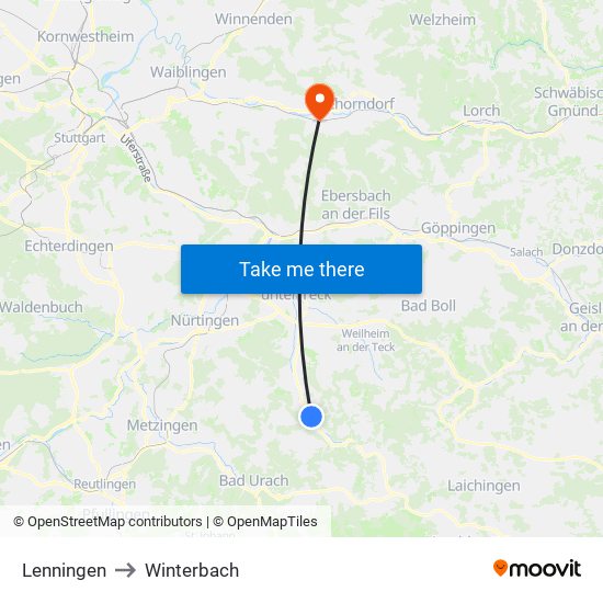 Lenningen to Winterbach map