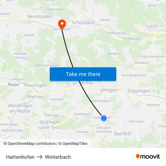 Hattenhofen to Winterbach map