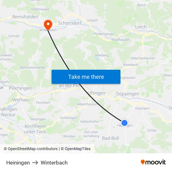 Heiningen to Winterbach map