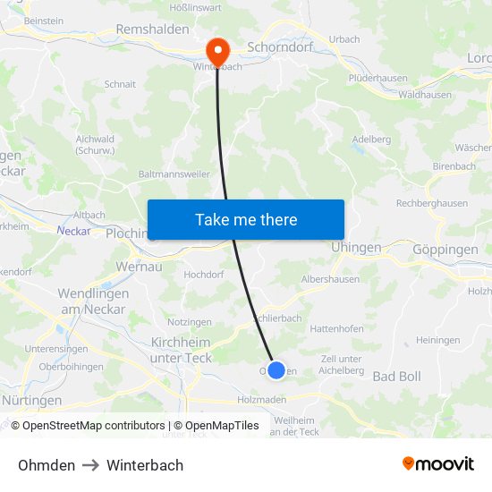Ohmden to Winterbach map