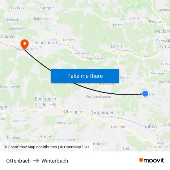 Ottenbach to Winterbach map