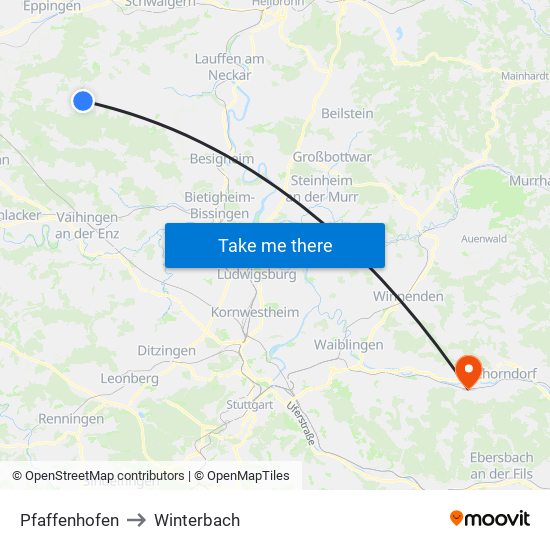 Pfaffenhofen to Winterbach map