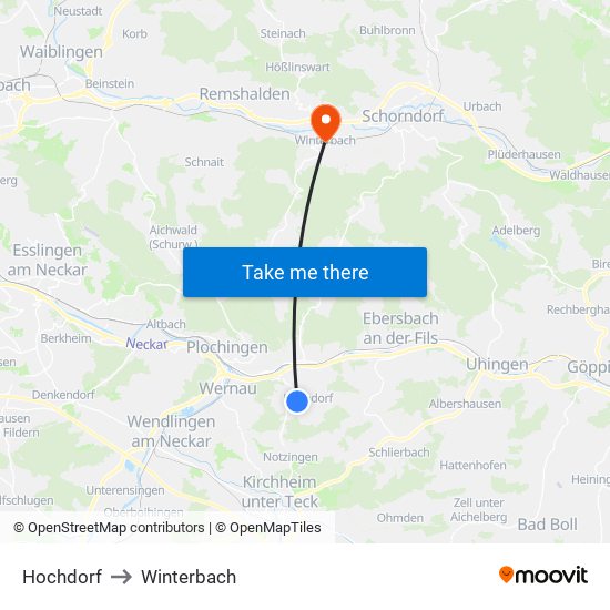 Hochdorf to Winterbach map