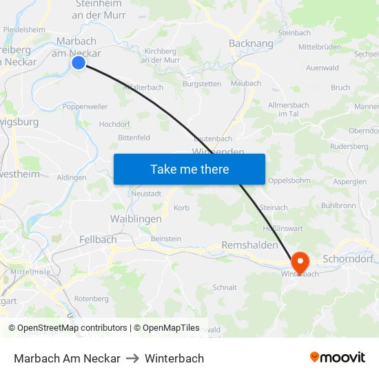 Marbach Am Neckar to Winterbach map