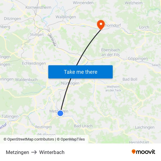 Metzingen to Winterbach map
