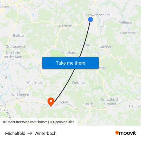 Michelfeld to Winterbach map