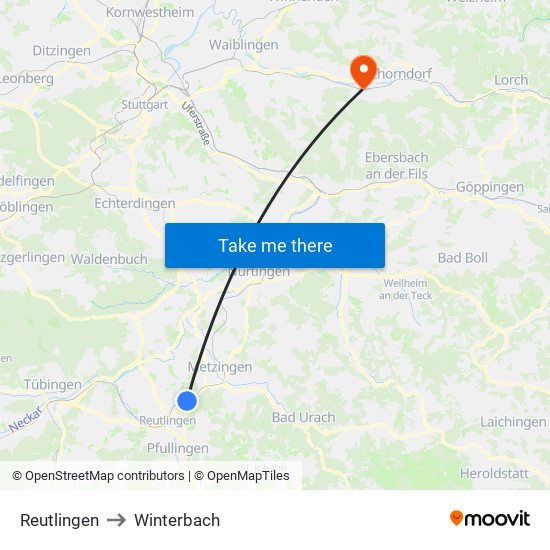 Reutlingen to Winterbach map