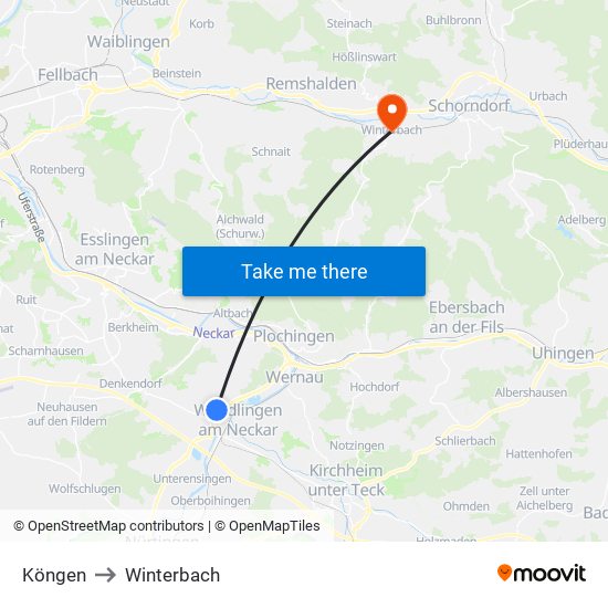 Köngen to Winterbach map