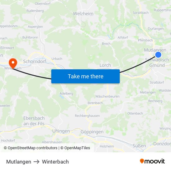 Mutlangen to Winterbach map