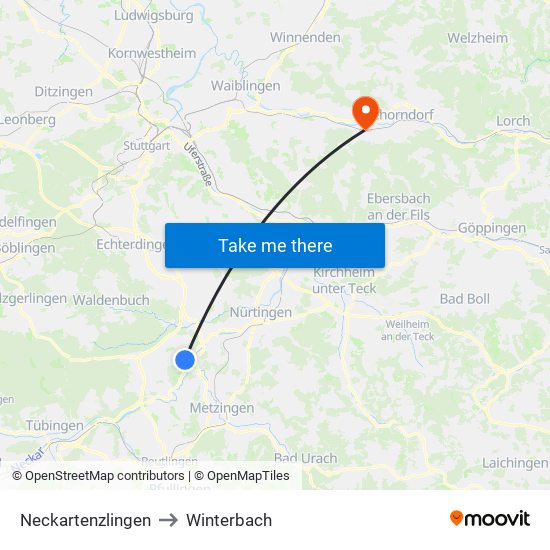 Neckartenzlingen to Winterbach map