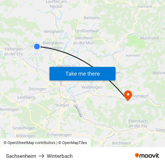 Sachsenheim to Winterbach map