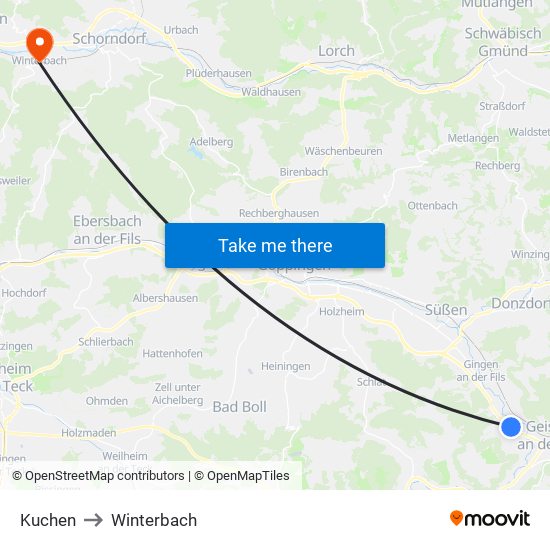 Kuchen to Winterbach map