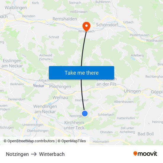Notzingen to Winterbach map
