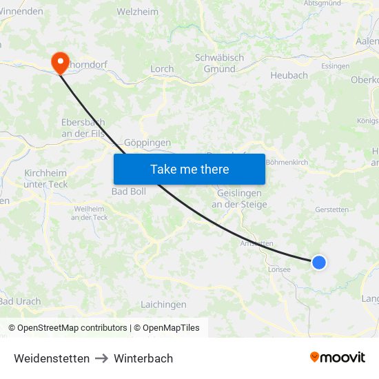 Weidenstetten to Winterbach map