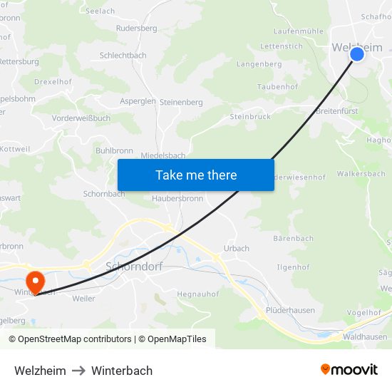 Welzheim to Winterbach map