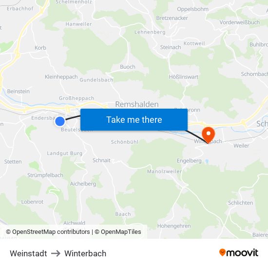 Weinstadt to Winterbach map