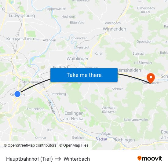 Hauptbahnhof (Tief) to Winterbach map