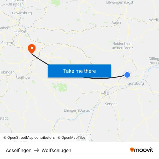 Asselfingen to Wolfschlugen map