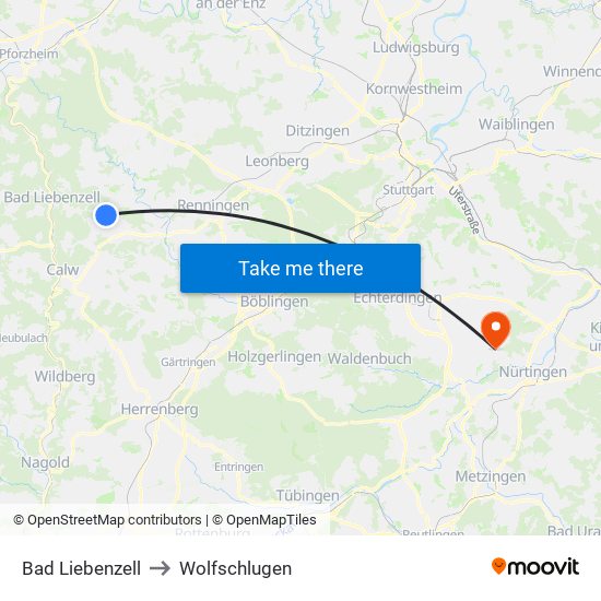 Bad Liebenzell to Wolfschlugen map