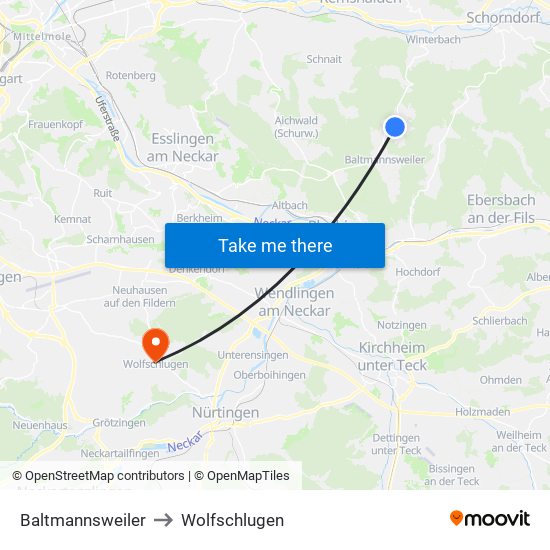 Baltmannsweiler to Wolfschlugen map