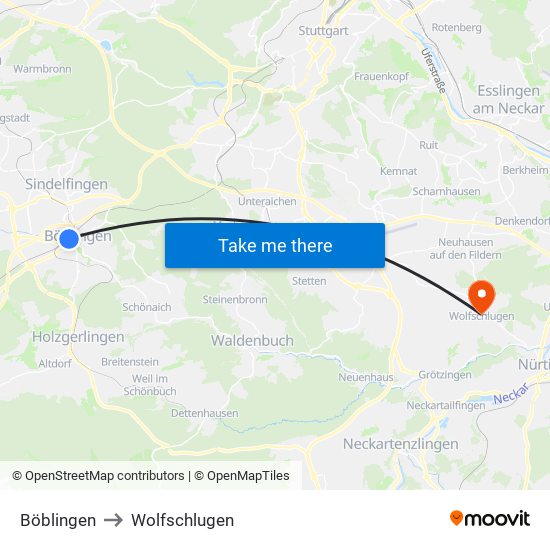 Böblingen to Wolfschlugen map